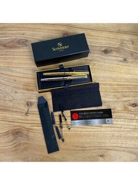 Pair Of 2 Scriveiner Fountain Pens Medium nib Gold & Chrome W/ Gold Trim Boxed